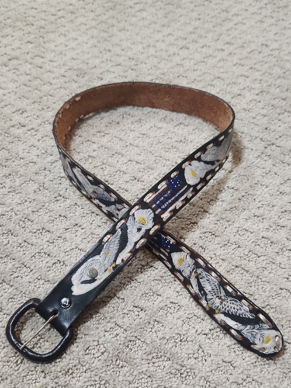 Vintage Black Leather Handpainted USA Embossed Bald Eagle Belt